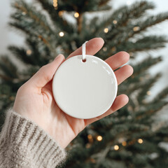 Christmas ornament mockup | Hand holding blank round white ceramic ornament in front of lit Christmas tree | Holiday decor aesthetic | Printable design showcase