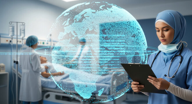 Nurse in hospital examines digital medical data, with a holographic globe and code overlay, representing global healthcare, technology, and modern patient care. - Powered by Adobe