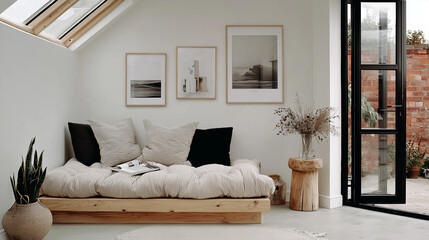 Corner room mockup | Blond ash fluted wood panels with pale plaster accents in modern space | Scandinavian natural aesthetic | Interior design texture backdrop
