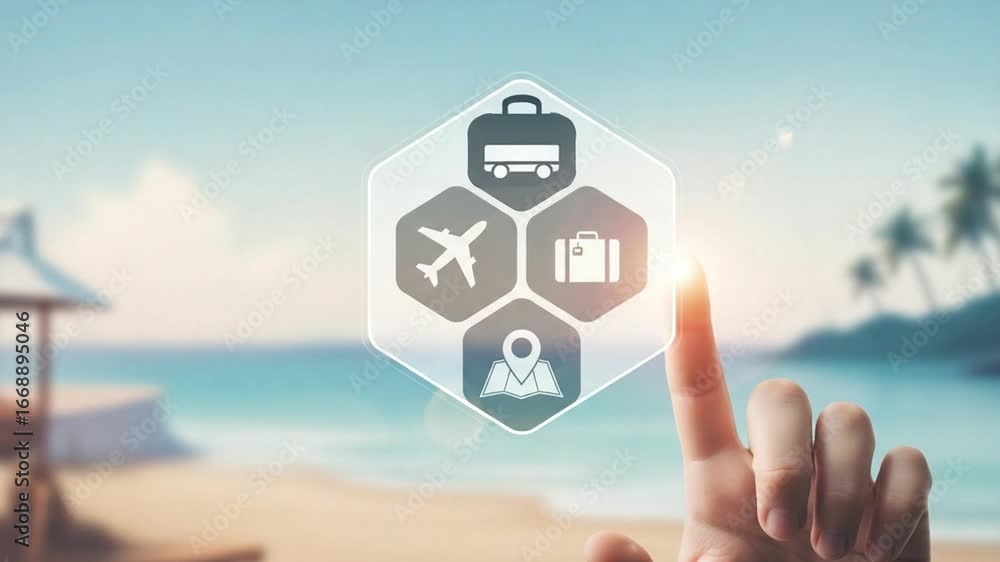 Poster finger touching hexagon with travel icons on a tropical beach background with palm trees and ocean v