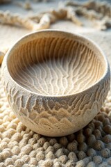 Carved wooden bowl with intricate patterns resting on a sandy beach with blurred driftwood