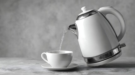 Nice photo of electric white kettle pouring water in cup on table on grey background.