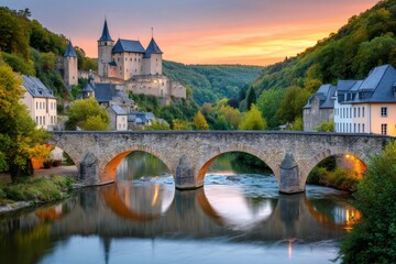Medieval castle of vianden dominating the town at sunset, luxembourg