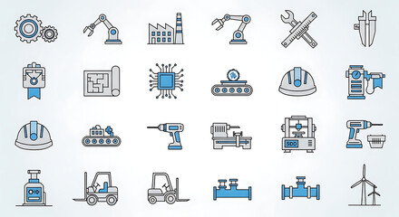 Collection of industrial icons representing manufacturing technology and automation