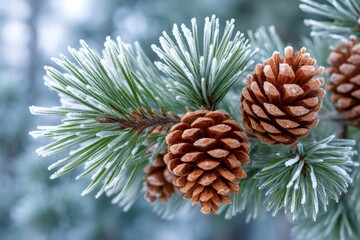 Fototapeta premium Pine cones hanging on a frost covered pine branch in winter