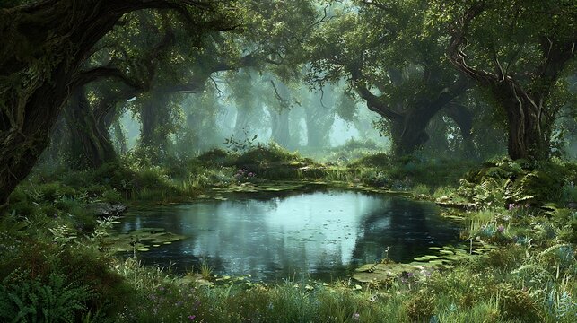 Nice photo of fantasy landscape with a pond in a forest.