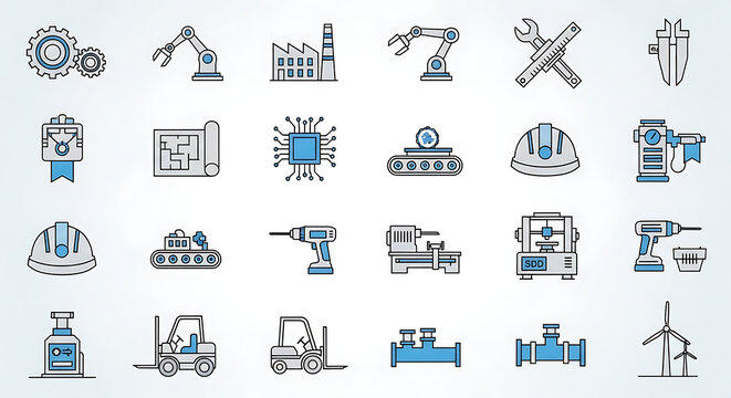 Collection of industrial icons representing manufacturing technology and automation