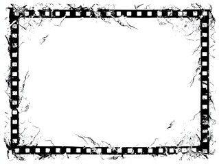 Grunge filmstrip border, distressed, cracked, white background, rectangular frame, black and white, textured edges