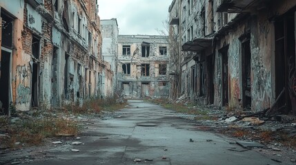 An abandoned building with graffiti and overgrown vegetation, depicting a desolate urban landscape and signs of decay.