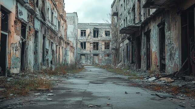 An abandoned building with graffiti and overgrown vegetation, depicting a desolate urban landscape and signs of decay.