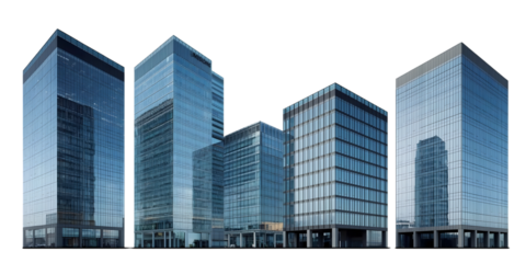 Modern Cityscape: A striking urban panorama featuring an array of contemporary high-rise buildings with sleek glass facades, reflecting the clear sky and symbolizing progress, innovation.