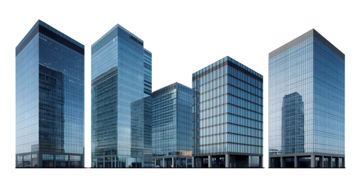 Modern Cityscape: A striking urban panorama featuring an array of contemporary high-rise buildings with sleek glass facades, reflecting the clear sky and symbolizing progress, innovation.