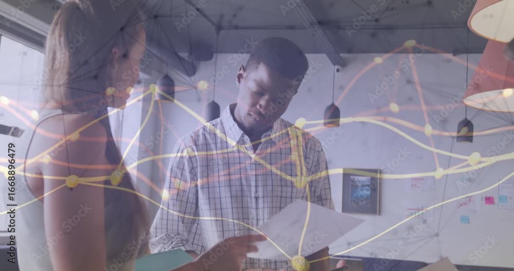 Aufkleber woman opening binder showing document to man explaining tech chart animating network overlay