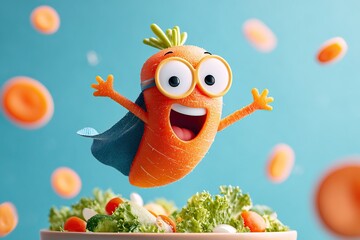 Naklejka premium Superhero carrot character soaring happily above a fresh salad bowl in a bright, colorful setting