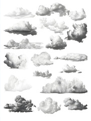 elements for vintage collage pack of clouds on white background.
