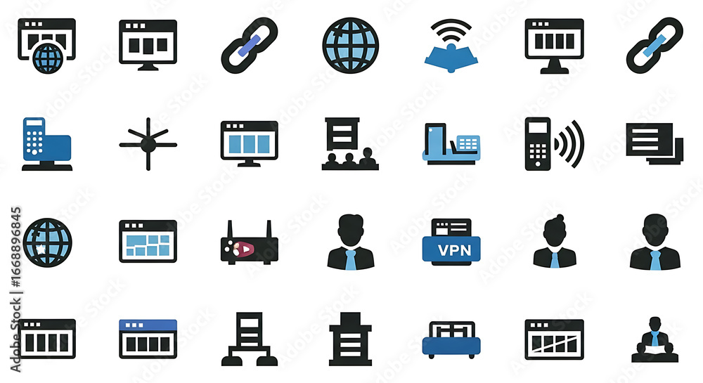 Poster collection of technology and internet related icons representing digital communication and connectiv
