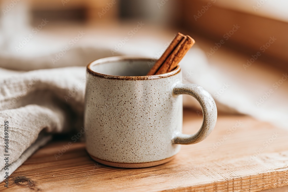 Poster ceramic mug with cinnamon stick resting on a rustic wooden table in a cozy setting