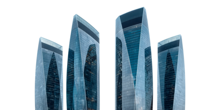 Modern Skyscrapers: A striking perspective of contemporary skyscrapers piercing the sky, showcasing sharp angles, and reflecting the surrounding light. Emphasizing their modern design, scale.