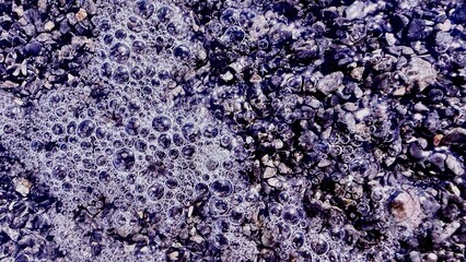 glistening foam bubbles over wet gravel stones with shimmering reflections perfect for abstract background or natural texture design