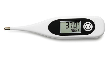 Close up of a white digital thermometer displaying a normal body temperature reading