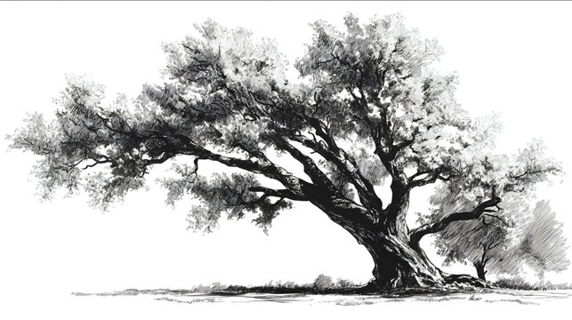 big tree in the style of hand drowing sketch White background.