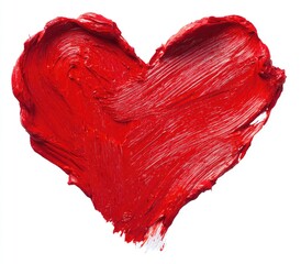 A vibrant red heart shape, textured like a smear of thick paint or lipstick, on a white background.  The strokes show directionality and imperfect edges