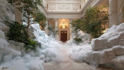 Grand hall interior transformed; faux ice mountains & lush greenery create a surreal, icy landscape.  A path winds through the foam formations toward a classical doorway