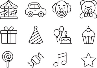 Birthday Party Icons Carousel Car Clown Teddy Bear Gift Hat Cake Balloons Lollipop Candy Music Note 