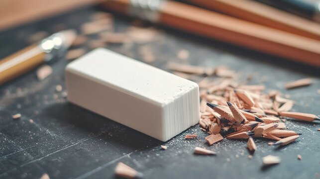 A white eraser rests on a dark surface, surrounded by wood shavings and pencils, symbolizing the creative process and tools used in drawing or writing.