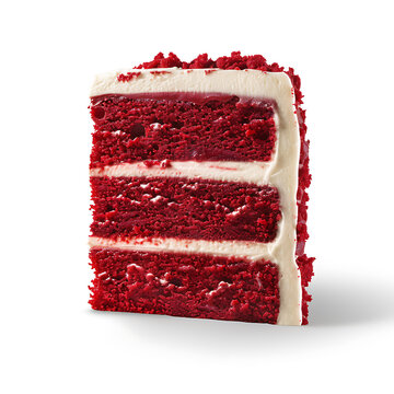 A slice of red velvet cake with cream cheese frosting, showcasing three moist layers.