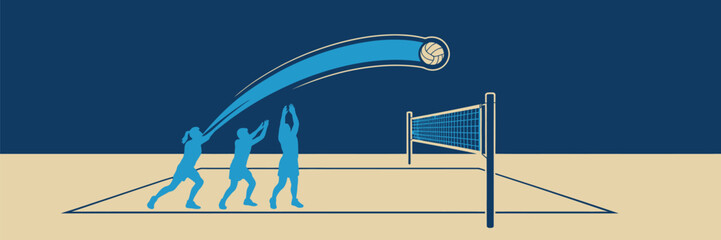 Three volleyball players spiking the ball over the net on a court with a dark blue and tan color scheme