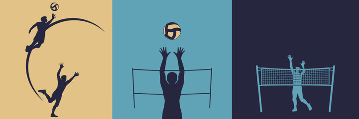 Three volleyball scenes depicting players serving, spiking, and playing at the net on different backgrounds