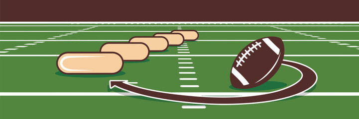 Football field illustration with yard lines, football, arrow path, and tan oval shapes in a row design