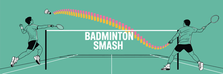 Two badminton players in action with a shuttlecock flying over the net on a green background court view