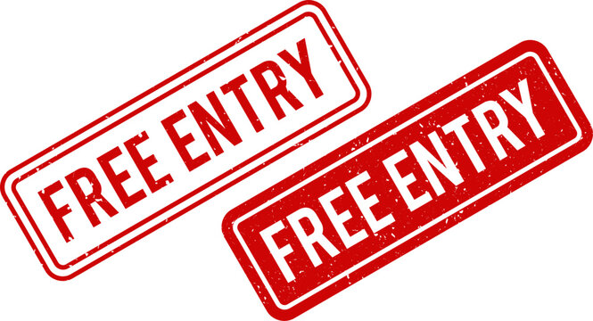 Free Entry Grunge Rubber Stamp, Vintage Old Red Texture Frame, Retro Distressed Label, Vector Illustration for Event, Ticket, Festival, Show, Club, Promotion Sign