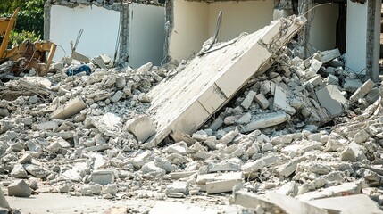 A collapsed building surrounded by rubble, highlighting the destruction of a structure and debris scattered across the ground.