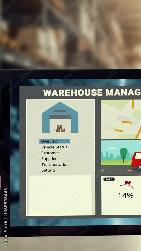 Poster warehouse management deft software in computer for real time monitoring of goods package delivery . 