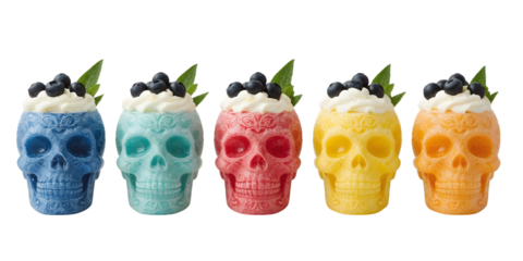Colorful Skull Cocktails: A visually stunning display of vibrant skull-shaped glasses, each filled with a delectable cocktail and adorned with an artful arrangement of blueberries and creamy topping.