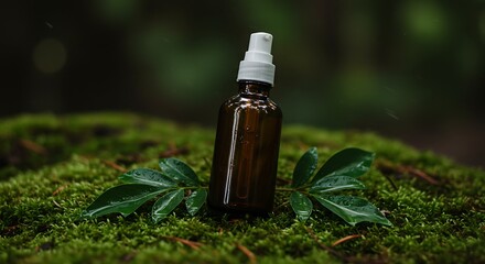 Organic skincare product in a forest setting.