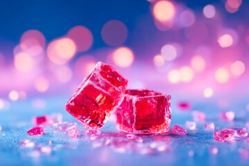 Close up of two red crystal candies on dark background with bokeh lights