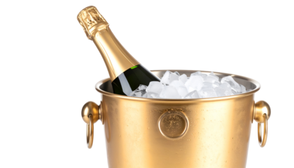 Bottle of champagne chilling in a golden bucket filled with ice cubes.