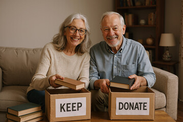 Smiling elderly couple organizing books for donation and decluttering at home in cozy living room