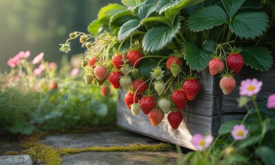 Fresh strawberries in a wooden planter box, surrounded by greenery and wildflowers. Sunlight highlights the ripe berries