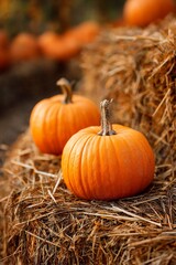 Two vibrant orange pumpkins sit atop straw bales in a sunlit rural setting, celebrating the harvest season with warm autumn colors and textures