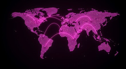 Futuristic Digital World Map with Glowing Pink Connections.