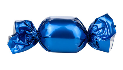 Shiny blue wrapped candy with metallic foil, isolated on white background.