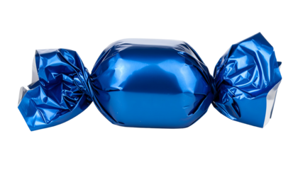 Shiny blue wrapped candy with metallic foil, isolated on white background.