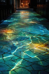 Obraz premium A long, dimly lit corridor features a floor resembling a mosaic of cracked, translucent teal, green, and gold tiles, illuminated from below, creating an illusion of rippling water