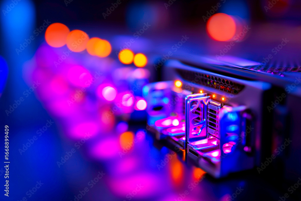 Poster data center server rack illuminated by blue led lights high tech environment