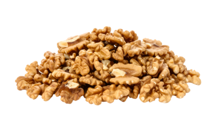 Heap of crunchy brown walnut kernels isolated on a plain background